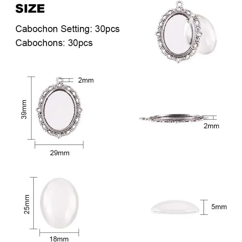 60pcs Bezel Pendant Blanks Settings - 30pcs Oval Pendant Trays Photo Charms with 30pcs Glass Cabochons for Bouquet Bridal