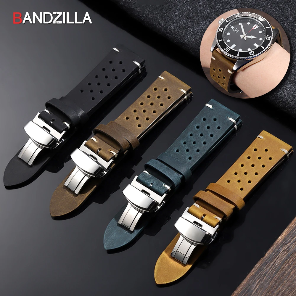 Vintage Watch Strap Brown Breathable Cowhide Watchbands 18mm 19mm 20mm 21mm 22mm 24mm Bands Butterfly Buckle Universal Bracelet