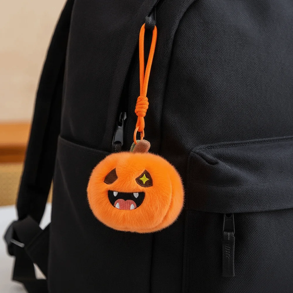 Soft Fabric Pumpkin Key Chain Vibrant Color Lightweight Funny Expression Comfortable Texture Compact Size