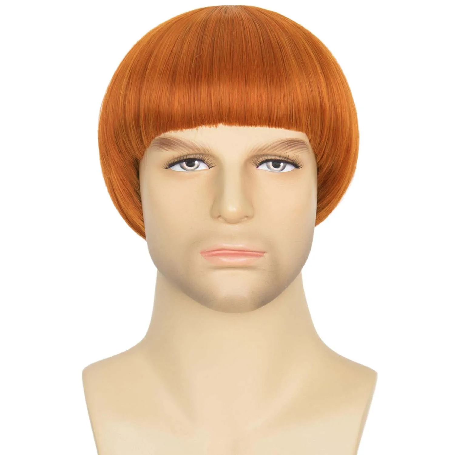 Synthetic Short Straight Ginger Orange Bowl Cut Wig with Bangs for Men, Colorful 60s Style Cosplay Mushroom Wig for Halloween