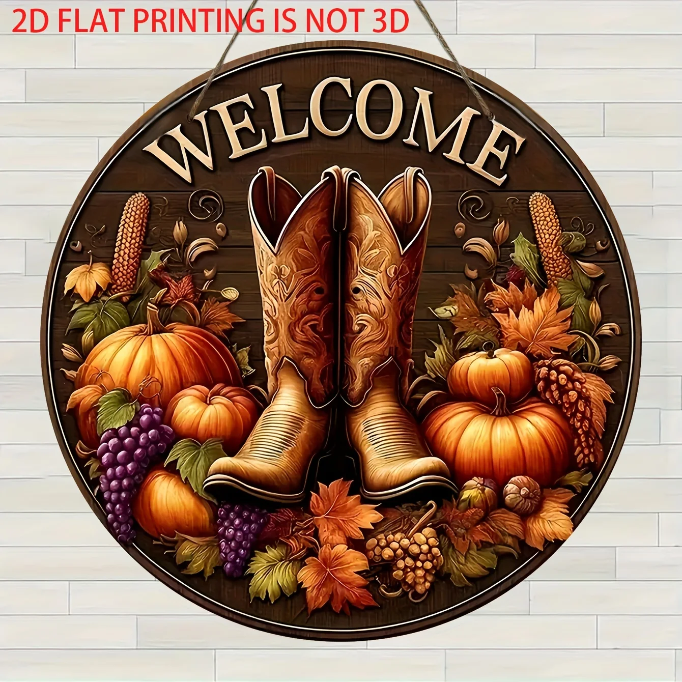 لافتة ترحيب خشبية ريفية مسطحة ثنائية الأبعاد - ديكور جدار حصاد الخريف مع أحذية رعاة البقر وأوراق القرع والخريف، عيد الشكر #3