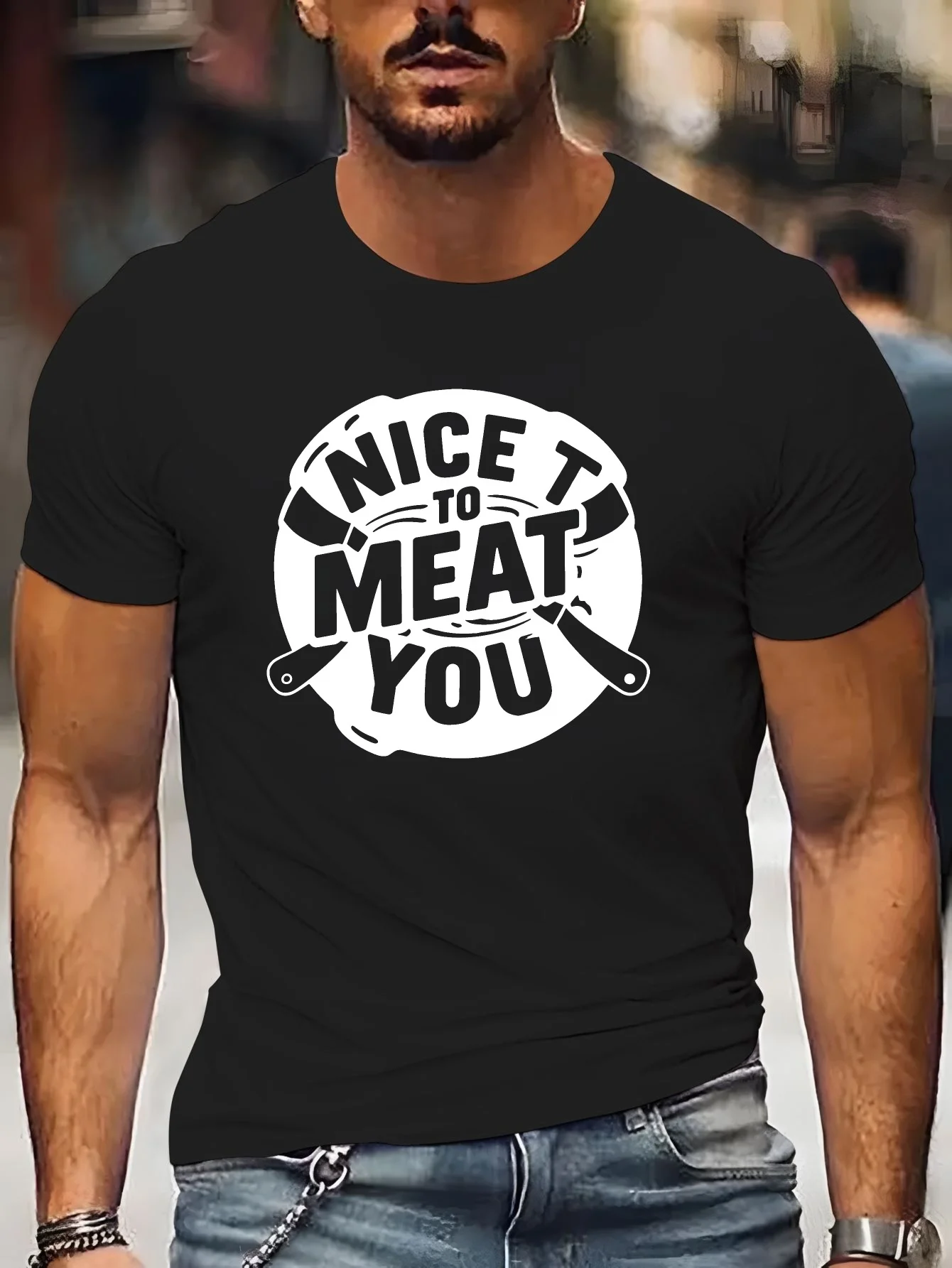 Meat Lover Men Short Sleeve Tshirt Nice To Meat You Butcher Knife Circle Print O Neck Tee BBQ Pun Male Casual Fashion Tops