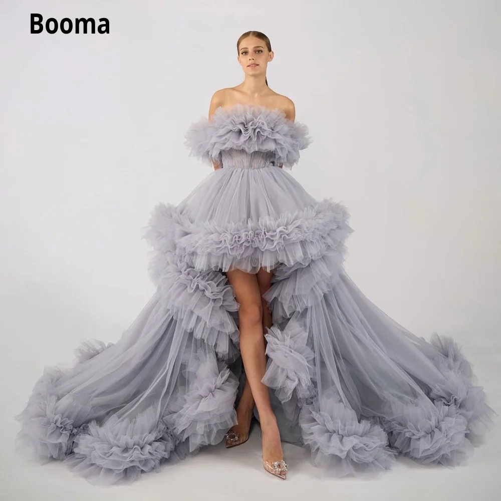 Booma Rode Stippen Tule Midi Prom Dresses Sheer Hals Lange Mouwen Knielange Party Jurken A-lijn Korte Prom jassen