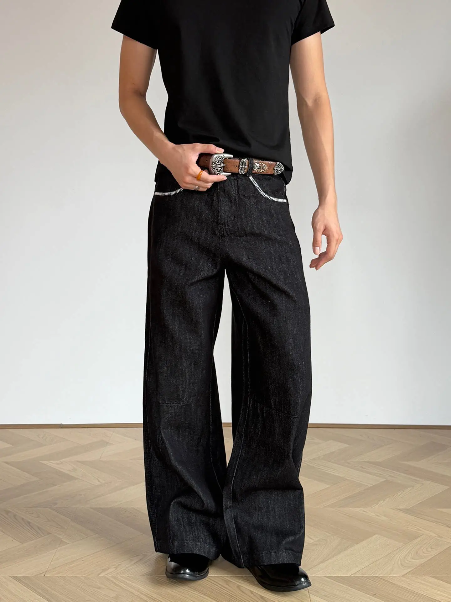 Men's Minimalist Style Black Retro Jeans 90s Boys Bottom High Waist Sweatpants Y2k Wide-leg Denim Trousers Male Casual Pants
