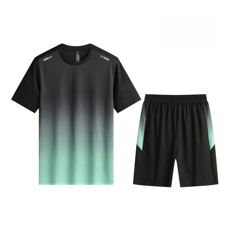 بدلة رياضية صيفية سريعة الجفاف للرجال مكونة من قطعتين تي شيرت فضفاض وقابل للتنفس بأكمام قصيرة للجري واللياقة البدنية شورت جيب أسود