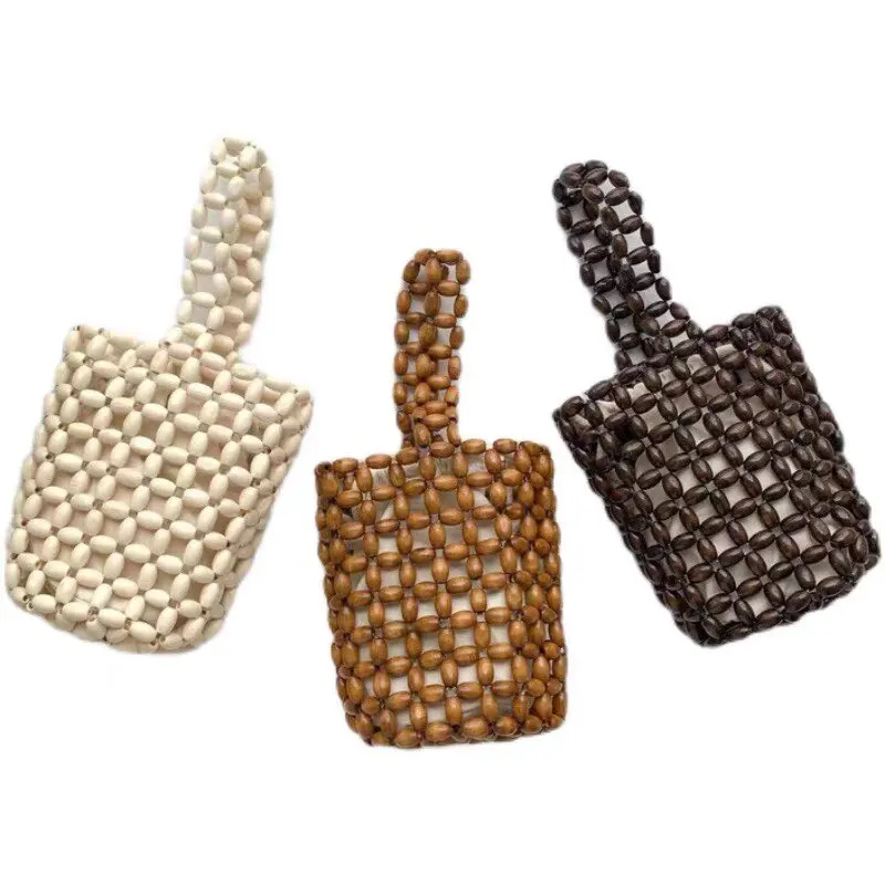 

Handwoven Mini Handbag For Women Exquisite Hollow-out Wooden Bead Bag Female Woven Beaded Bag
