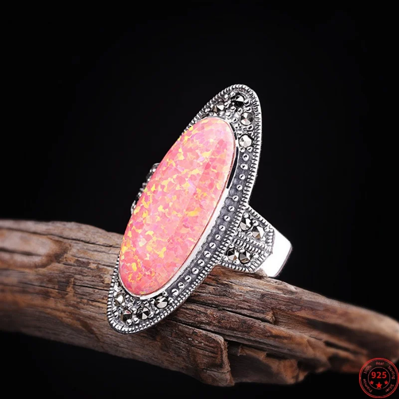 

Genuine S925 Sterling Silver Charms Rings for Women New Fashion Oval Natural Colored Opal Marcasite Punk Jewelry Free Shipping