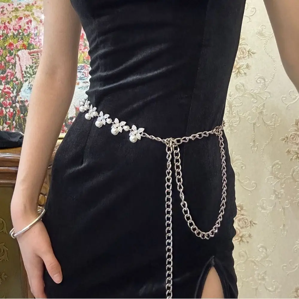 

Trendy Adjustable Pearl Waist Chain Dress Decor Korean Style Metal Waist Belt Luxury All-match Rhinestone Waistband Daily