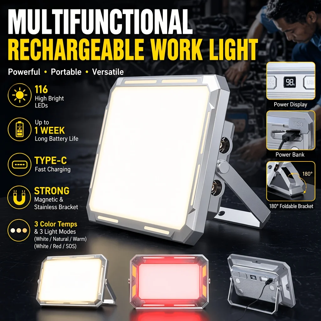 Rechargeable Camping Lantern 2000mAh Ultra Bright LED Work Light 3 Lighting Colors Fast Charge Magnetic Searchlight