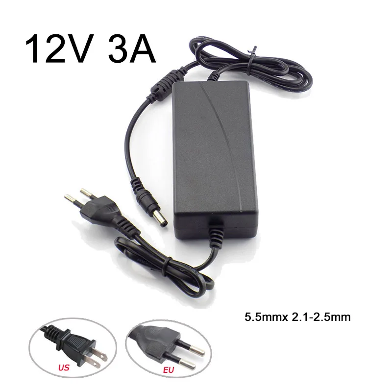 AC para DC Power Adapter Supply, carregador conversor, LED Strip, CCTV, câmera, fornecimento, 3000mA, 5,5 milímetros x 2,1 milímetros-2,5 milímetros, 100V-240V, 12V, 3A