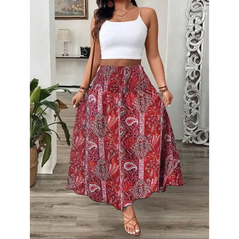 プラスサイズ 1XL-5XL 女性のボヘミアンプリントスカートレディースレジャー気質丈スカート弾性ウエスト女性ロングスカート