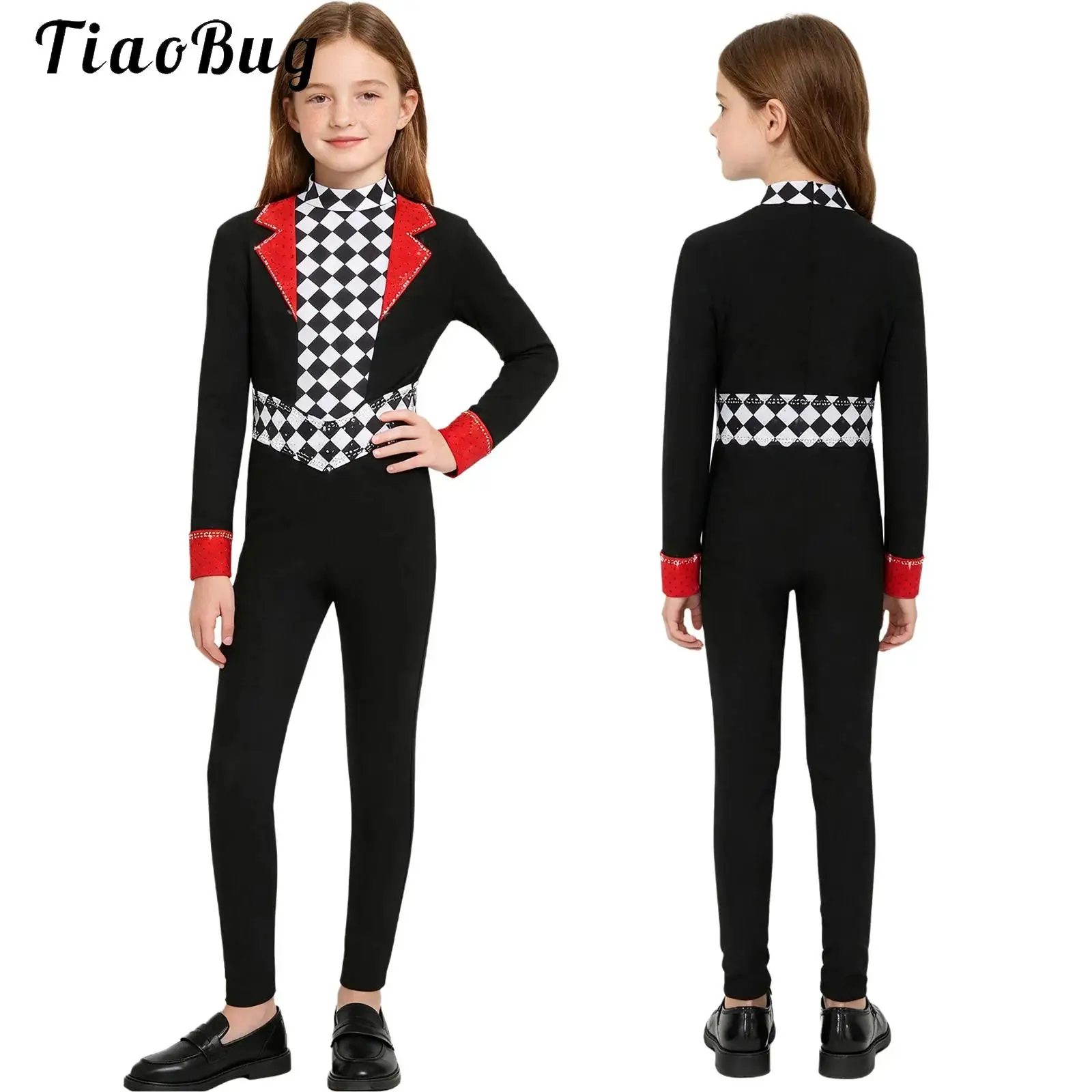 Kids Girls Circus Clown Costume Ringmaster Halloween Lion Tamer Magician Jumpsuit Rhinestone Checkerboard Latin Jazz Bodysuit