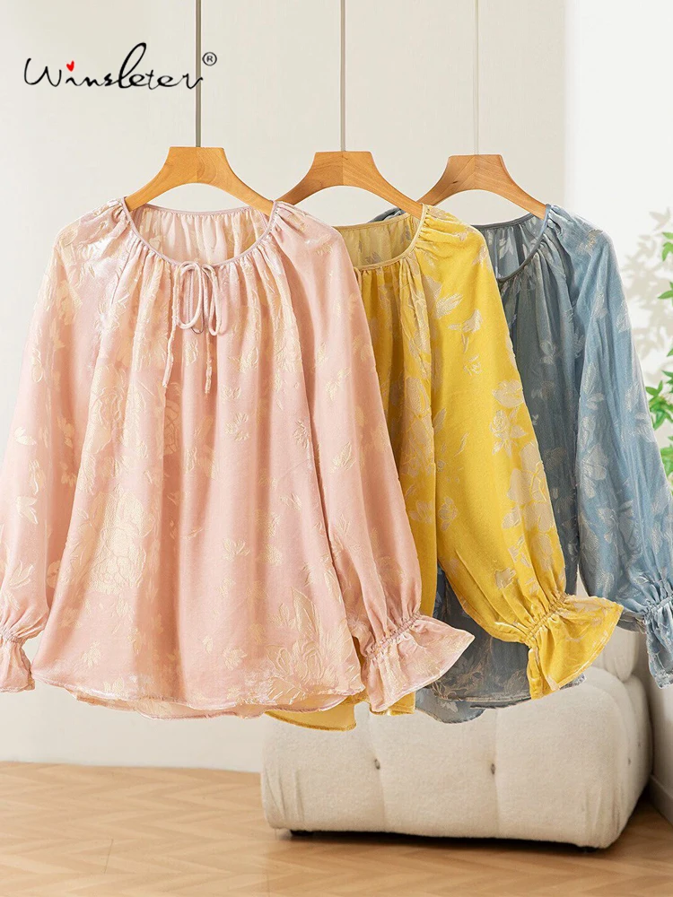 Winsleter-62.6%Silk Velvet Elegant T-Shirt, Lantern Sleeve Floral, Women Fashion Versatile Loose Top, 2026 Autumn New T64869CC