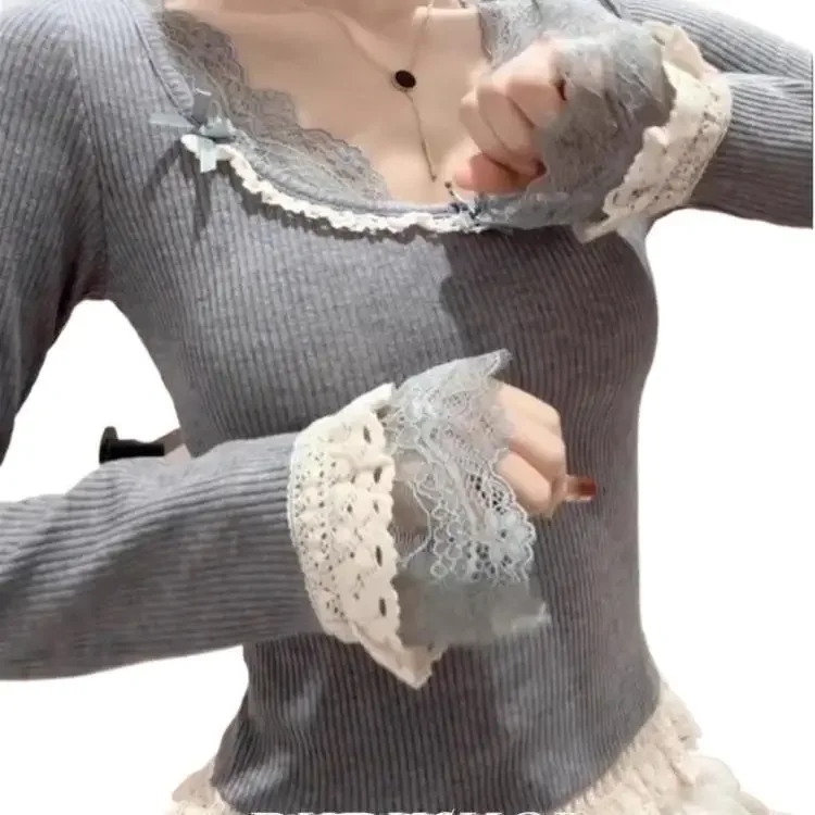New Women's Lace Slim Fit Long Sleeve Top Butterfly Knot Base Layer Inner Wear Small Shirt Spring Autumn New Style