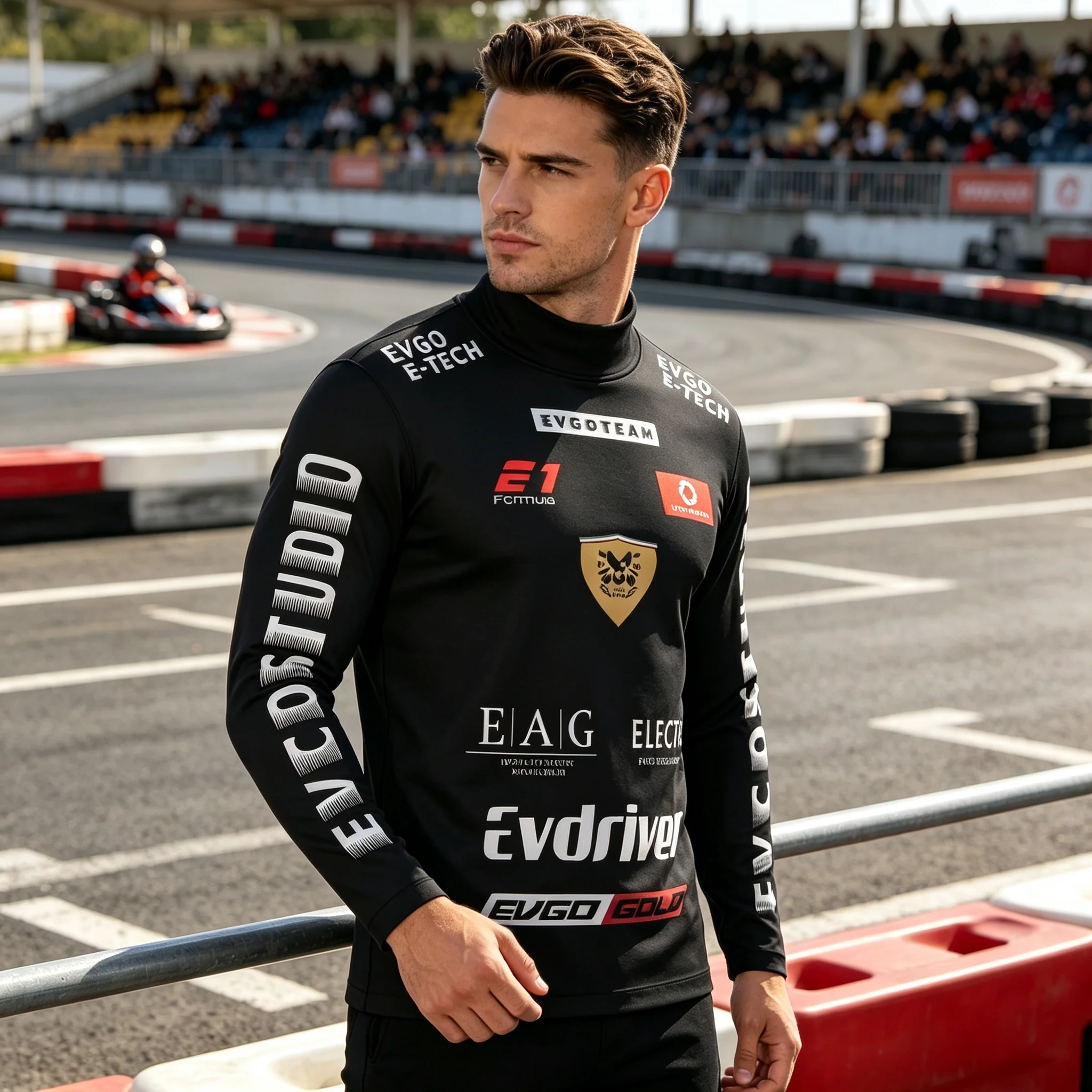 Herren Schwarzes Langarm-T-Shirt mit E1-Logo-Print für Rennsport-Teams, Motocross, Karting, Motorsport, Sport-Langarm-Oberteil – Detail 8