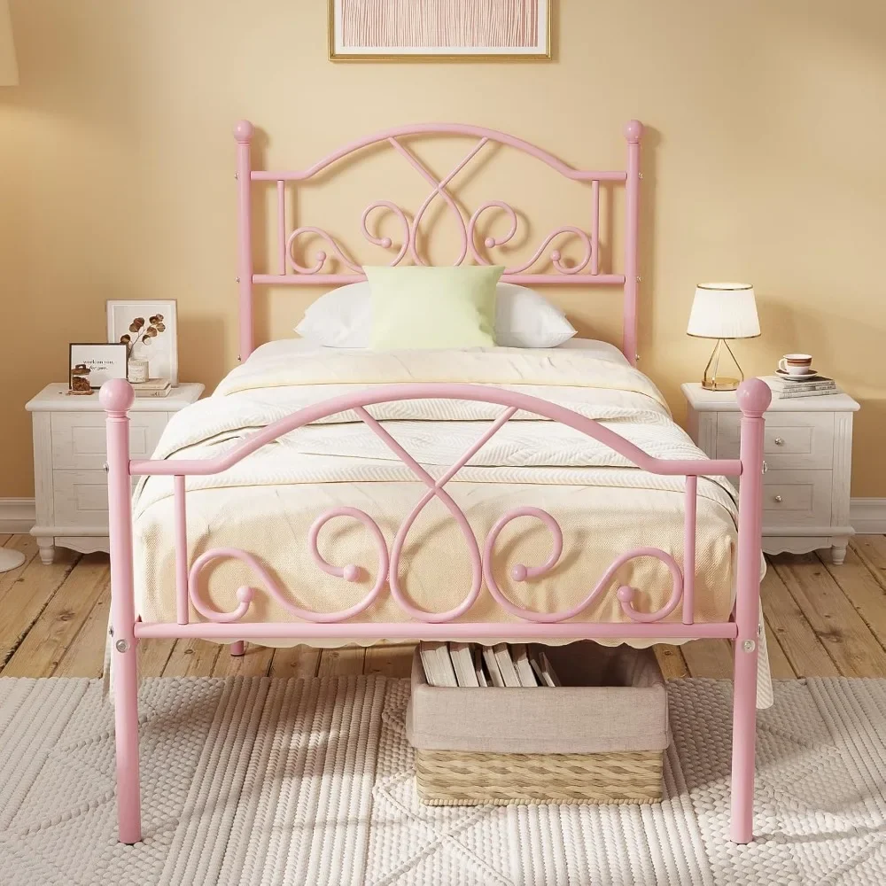 Modern Twin Size Bed Frames for Kids Girls, No Box-spring Needed Twin Platform Bed Frame with Unique Headboard and Footboard