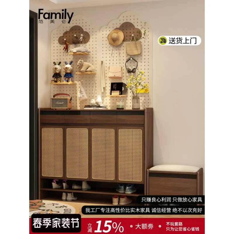 Solid wood rattan shoe cabinet household storage locker integrated
