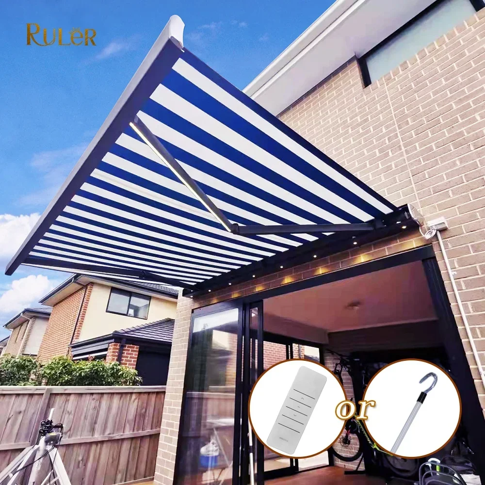 Motorized Full Cassette Retractable Awning with LED Light 30 Years Awning Manufacturer Outdoor Sunshade Retractable Awning