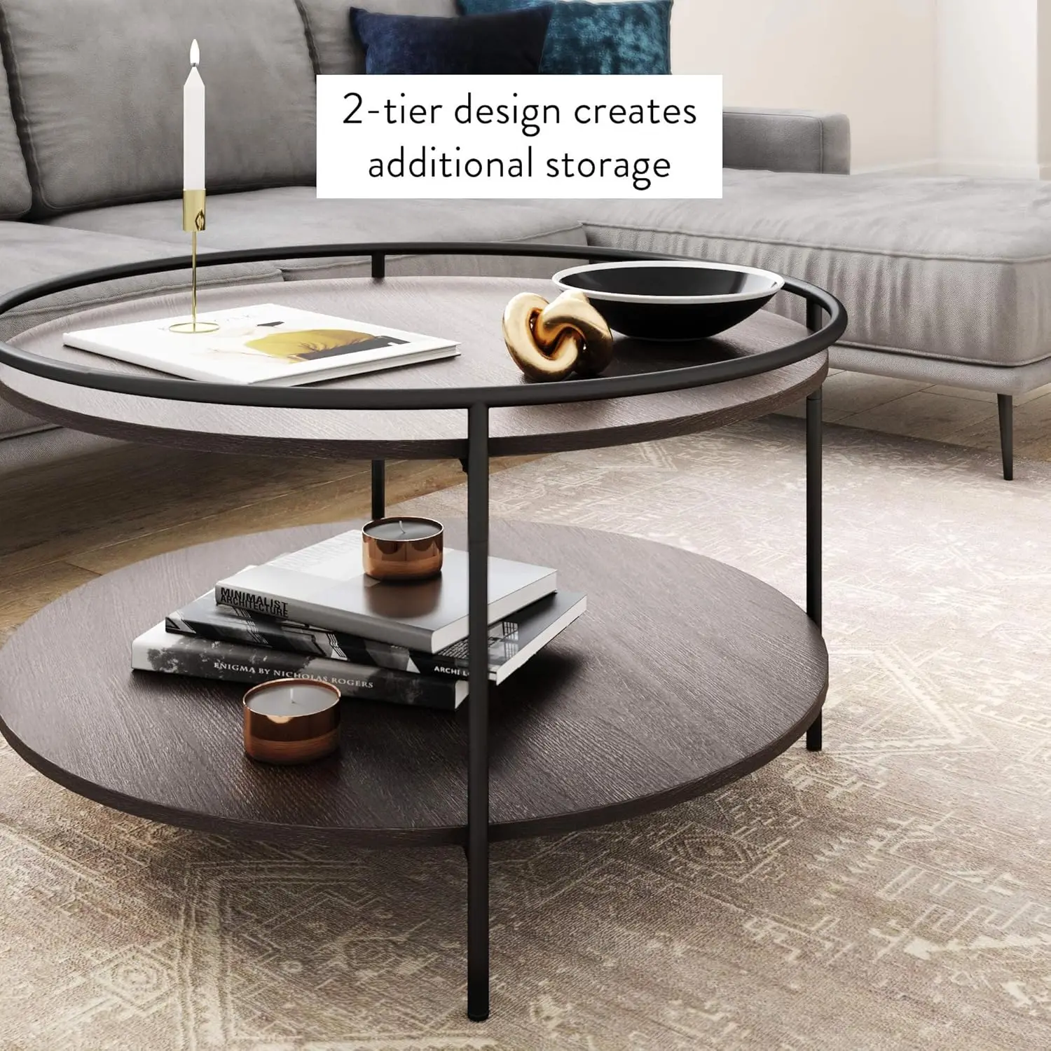 James Paloma Round Coffee Tea or Cocktail with Raised Tray Top Edge Tables, 2-Tier Minimalist Style Living Room, Dark Oak/Matte