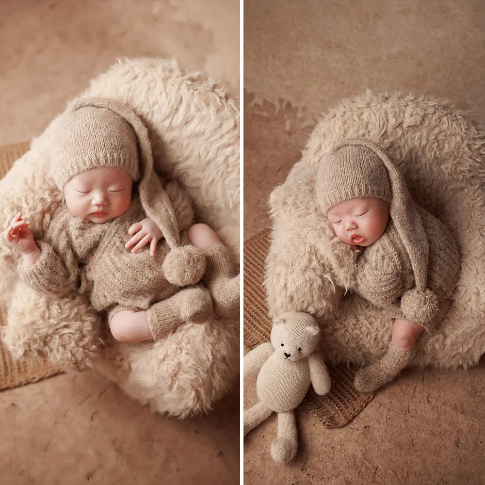 Accesorios de fotografía recién nacido de 0 a 1 mes, trajes tejidos con tema Ins con gorro de noche a juego y osito de peluche para accesorios de fotografía de bebé