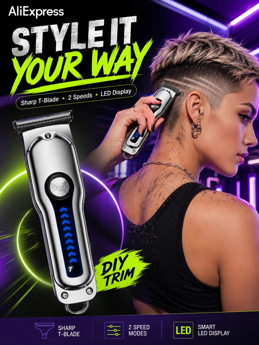 

Mini Hair Clipper / T-Blade Hair Clipper / Electric Hair Trimmer / Cordless / 2 Speed / LED Display / HOME