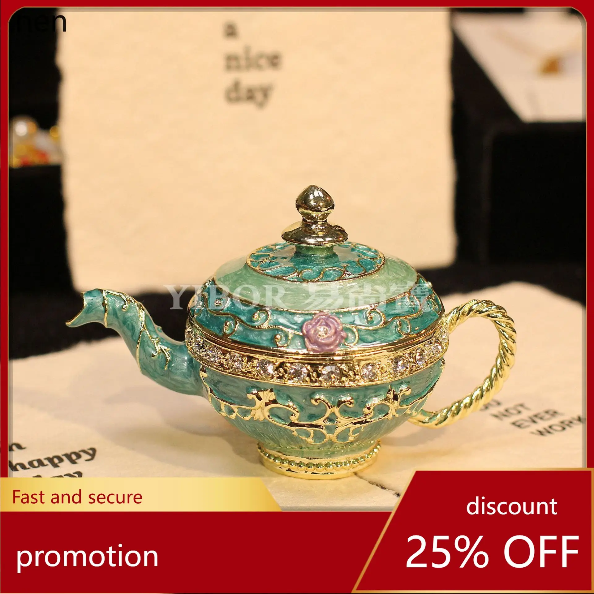 

H1 Metal Enamel Jewelry Box Creative Teapot Ornament Vintage Gold-Plated Diamond-Embellished Hand-Painted Craft Gift In Stock