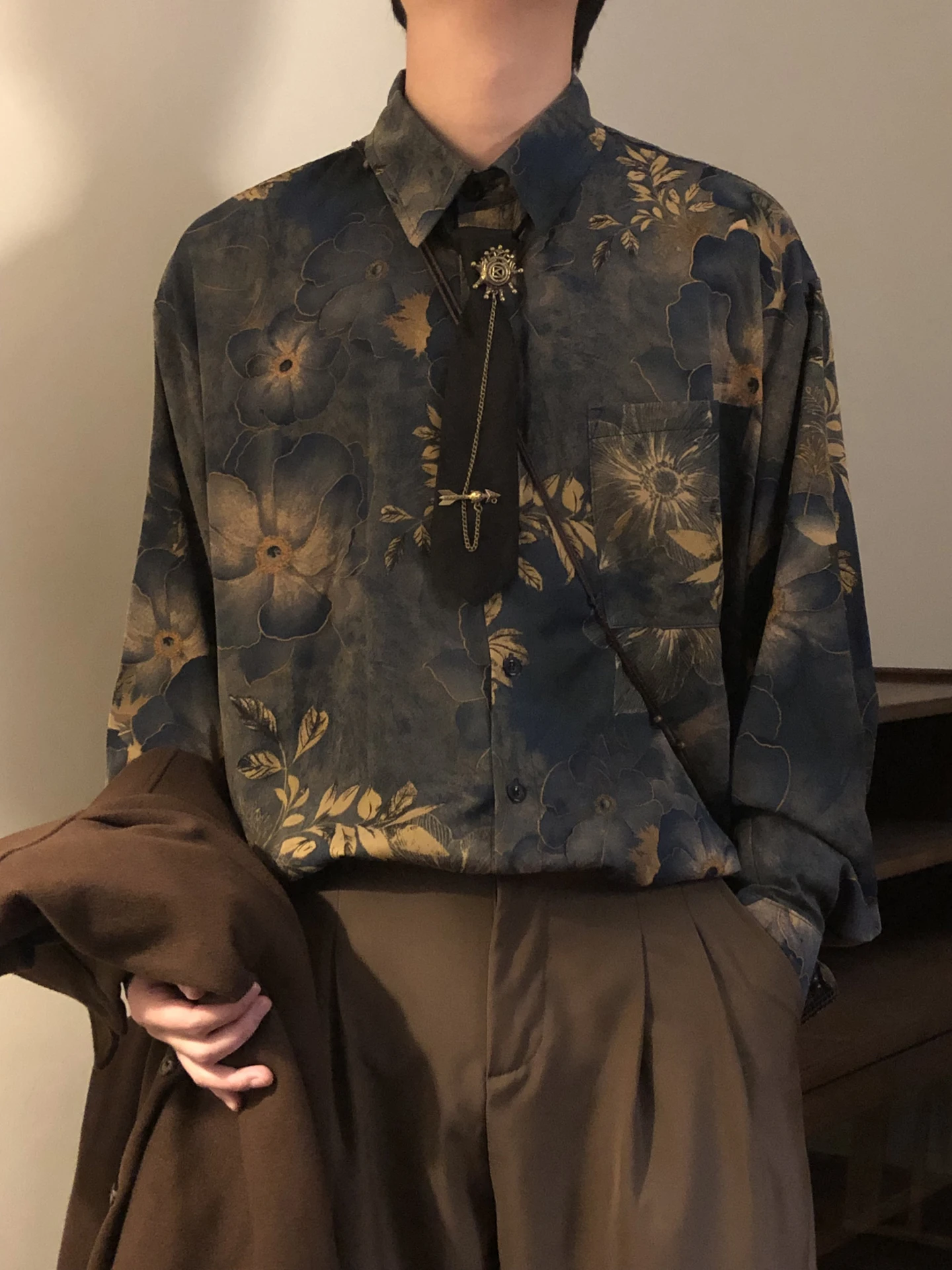 

Мужская повседневная рубашка свободного кроя с коротким рукавом, принтом в стиле Гонконга, весна-осень, американский модный бренд, винтажный стиль NAGAWL