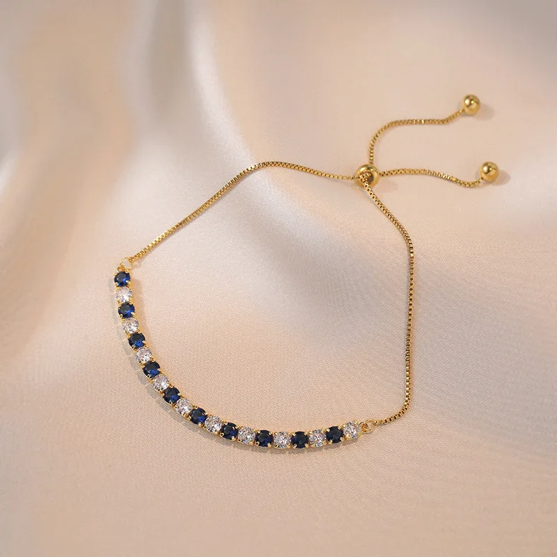 Charm Royal Blue White Stone Round Bracelets For Women Gold Color Metal Adjustable Zircon Hand Chains Simple Party Jewelry Gifts