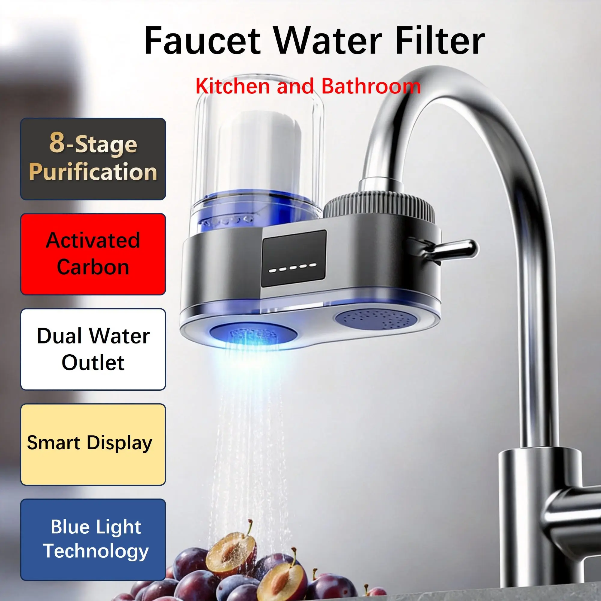 Raorio Faucet Water Filter, Tap Water Purifier, Limescale & Chlorine Reduction, Dual Outlet, Washable Filter, Kitchen & Bathroom