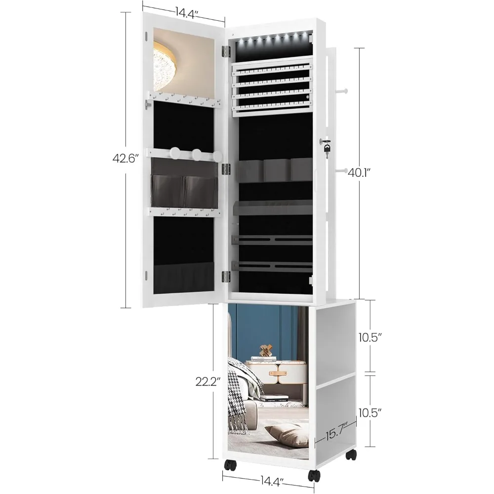 8 LEDs Jewelry Cabinet Armoire, 64.8-inch Jewelry Organizer with Garment Rack, Lockable Full-length Mirror with 4 Wheels