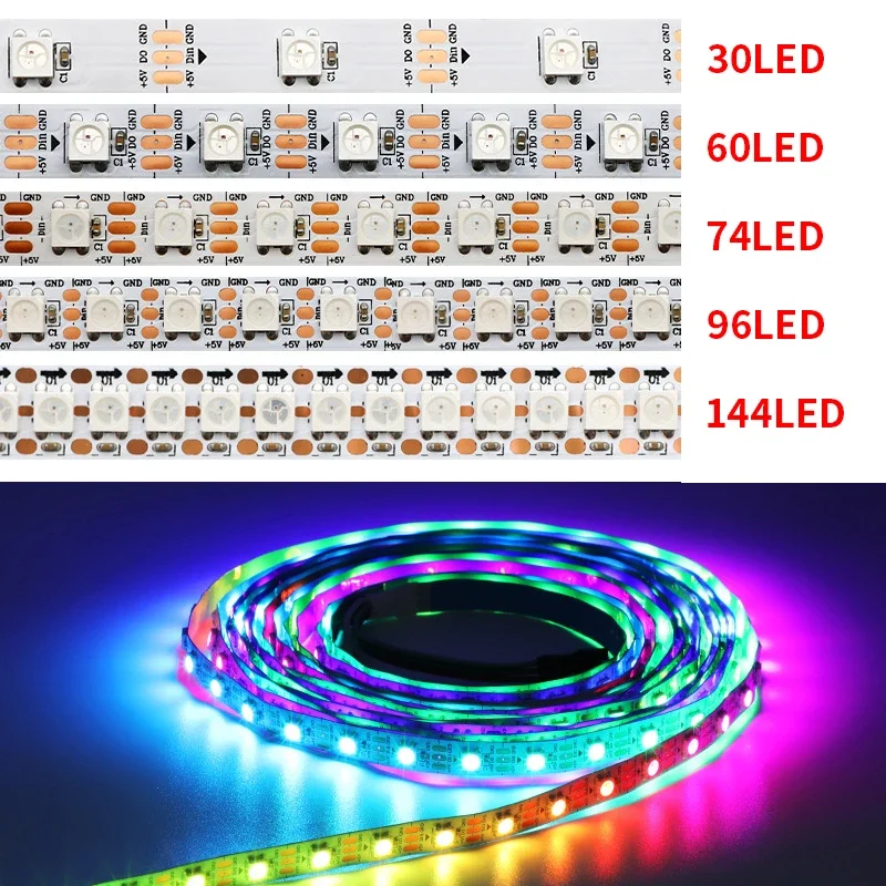 Imagem -04 - Fita Led Endereçável Ws2815 Ws2812b Ws2815 Ws2812b 5050 Rgb 30 60 74 96 144 Pixels m Ws2812 ic Full Color Neon Programável