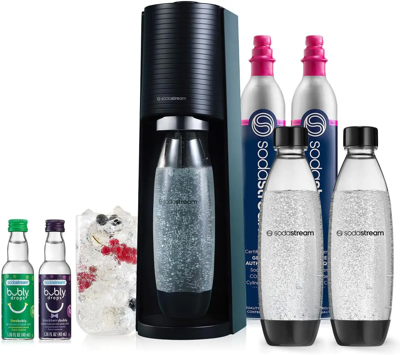 Terra Sparkling Water Maker Bundle (Black), with CO2, DWS Bottles, and Bubly Drops Flavors