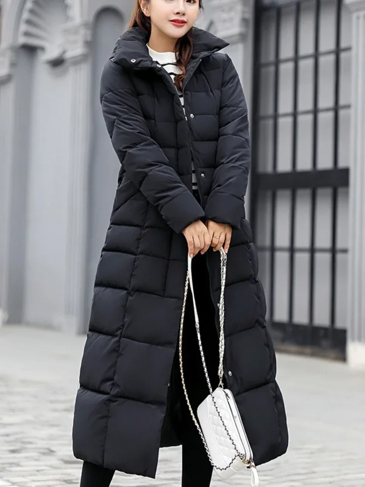 الإناث الشتاء فوق الركبة فضفاضة كبيرة الفراء طوق مقنعين الدافئة سميكة سترات طويلة أسفل القطن حجم كبير سترات معطف المرأة معطف مبطّن #3