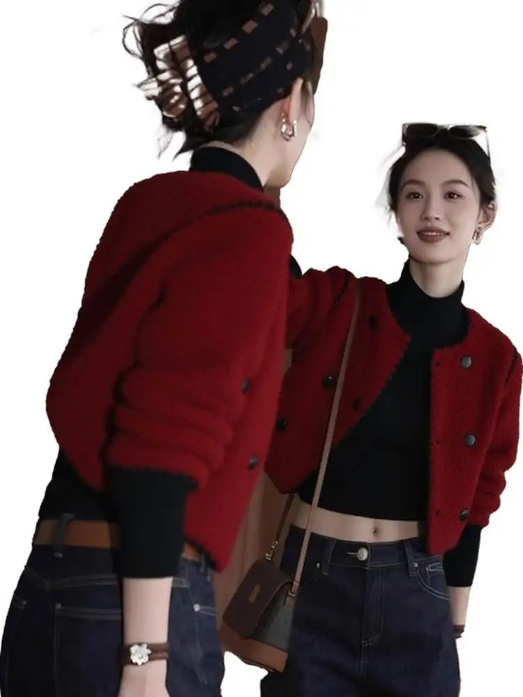 Red Leather Fur Inteated round Ne ort Jaet 2025 Autumn New Sle Casual Versatile Slimming Faion Korean Ladies Coat