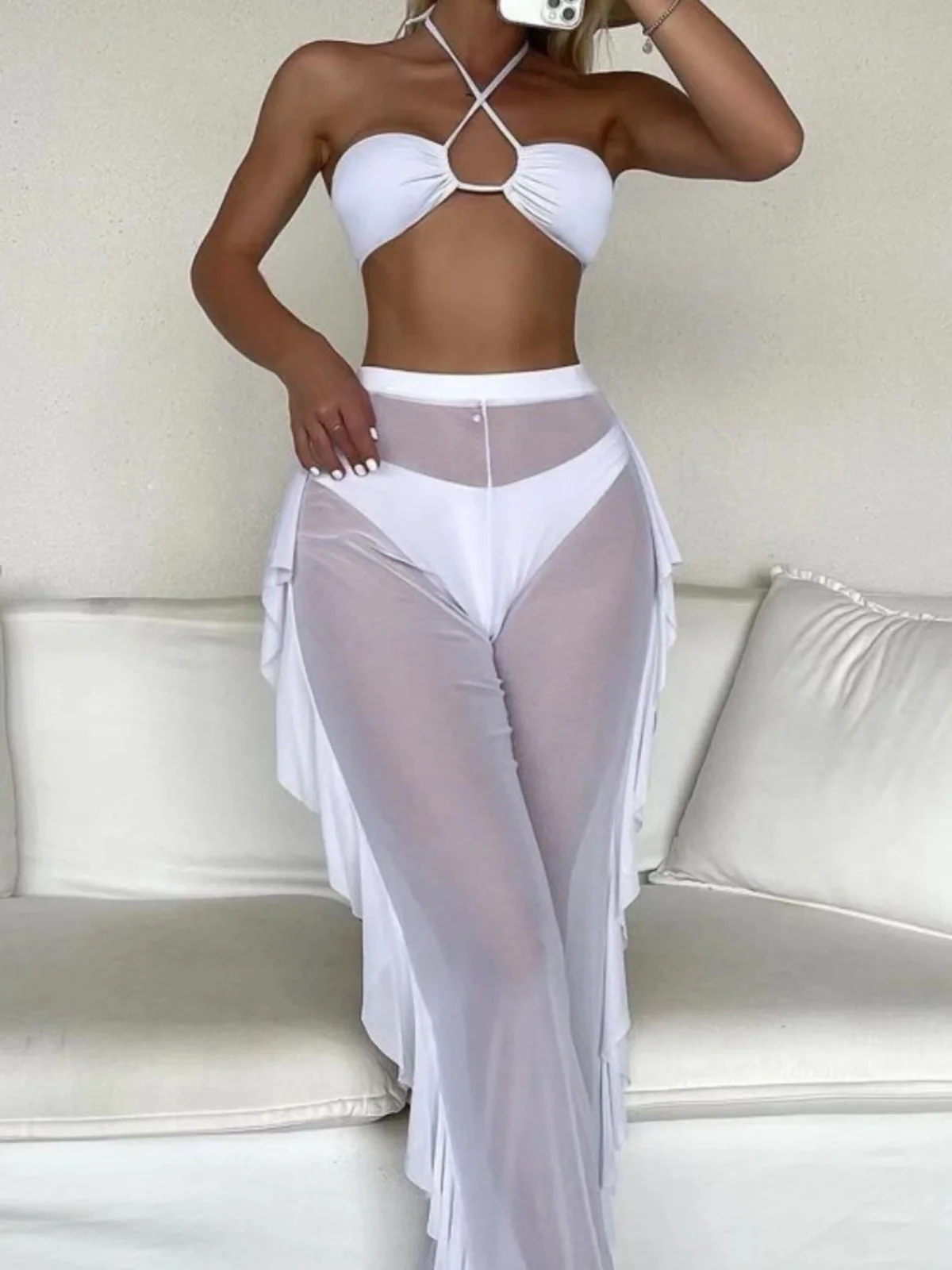 

Сексуальный комплект бикини с отдельными бретелями, сетчатые брюки, пляжные брюки, пляжная одежда, модный женский купальник на бретельках, снаряжение для фанатов