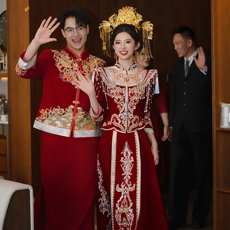 

Original Luxury Xiuhe Dress Wedding Dress 2025 New Wedding Dragon Phoenix Coat Chinese Toasting Dress Qipao