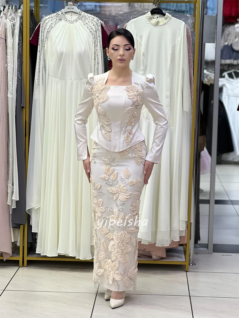 Customized High Quality Sparkle Jersey Handmade Flower Sequined Straight Prom Dresses Square Neck Long Sleeves Evening Dresses image 3