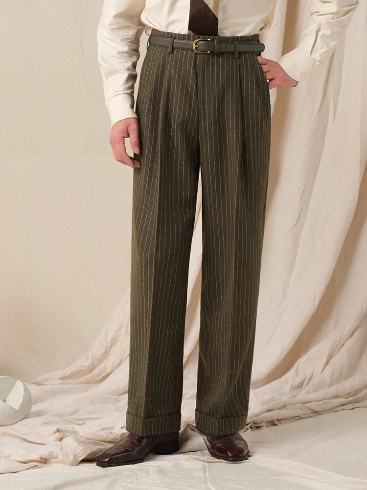 Cultum 930s ريترو Thiened الصوفية عادية Busin الرجال السراويل مزدوجة الطية مستقيم الساق السراويل الطويلة للشباب الشتاء