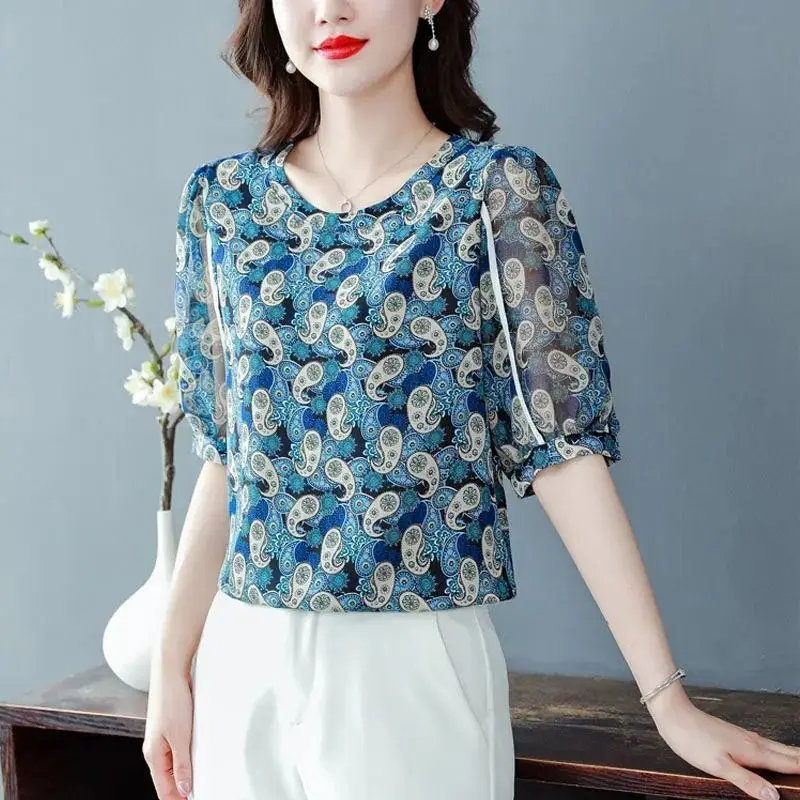 

Fashion O-Neck Spliced Printed Short Sleeve Chiffon Blouses Women Clothing 2024 Summer New Loose Office Lady Tops Elegant Shirts