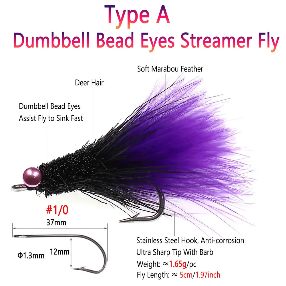 Bimoo 2pcs 1/0 Dumbbell Bead Eyes Marabou Streamer Fly Hare Strip Streamer Trout Pike Steelhead Musky Saltwater Fishing Lures