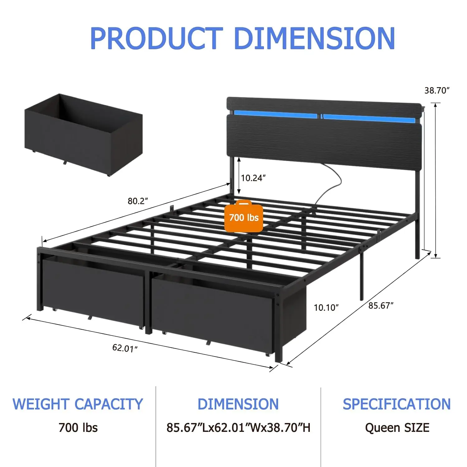 Queen Bed Frame with Wood Headboard,2 Storage Drawers & Shelf, Customized