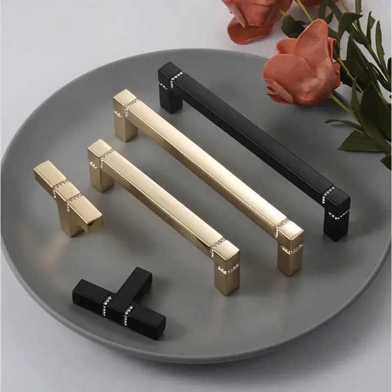 MFYS Shiny Gold Furniture Handles Zinc Alloy and Crystal Kitchen Cabinet Handle Light Luxury T Bar Cupboard Door Knobs Hardware