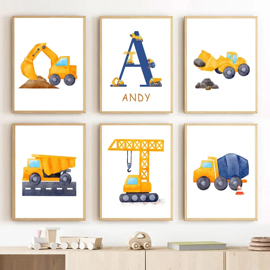 Dump Truck Backhoe Bulldozer Crane Mixer Truck Posters And Prints Wall Art Canvas Painting Wall Pictures Baby Boy Bedroom Decor