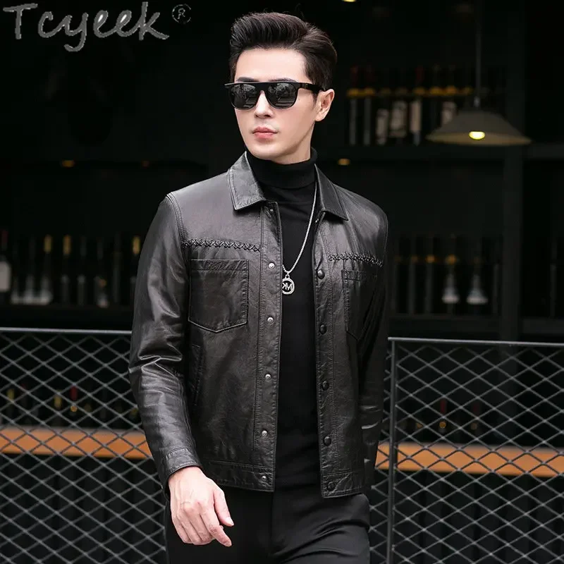 

Tcyeek Natural Goatskin Coat Spring Fall Real Leather Jacket Men Clothes Lapel Business Casual Short Coats Chaquetas Hombre Tide