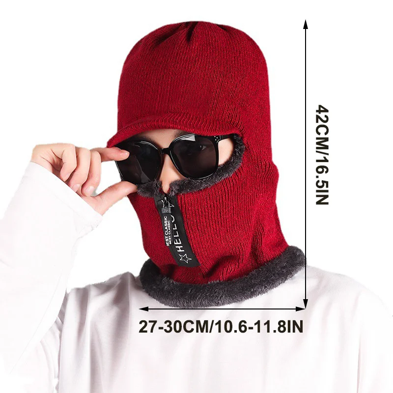 Pelúcia dos homens balaclava forrado malha chapéu de inverno com zíper, engrossar gorros quentes, máscara facial orelha, Neckwarmer Cap