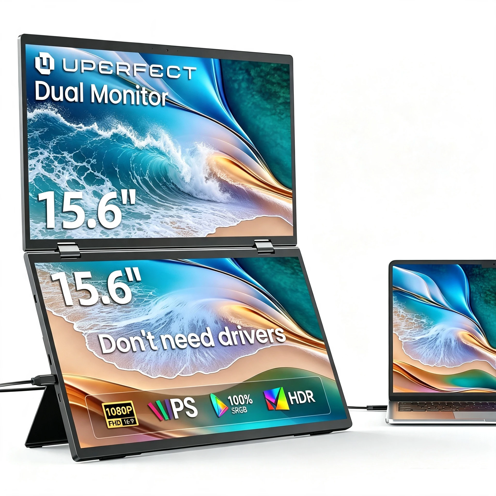 UPERFECT Portable Monitor Foldable Dual Screen 15.6" FHD 100% sRGB IPS HDMI USB-C Stacked Screen Extender for Laptop Mac PC Wins