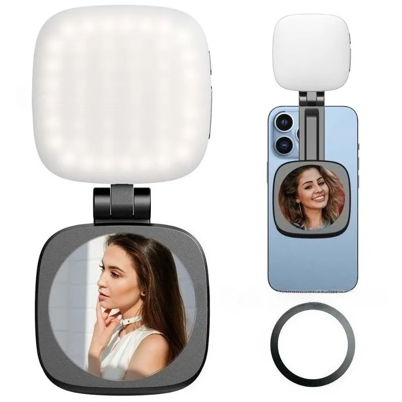 

Магнитный светильник для селфи, встроенное зеркало для макияжа, регулируемая высота, косметический фильтр, универсальная совместимость с телефоном, портативный дизайн