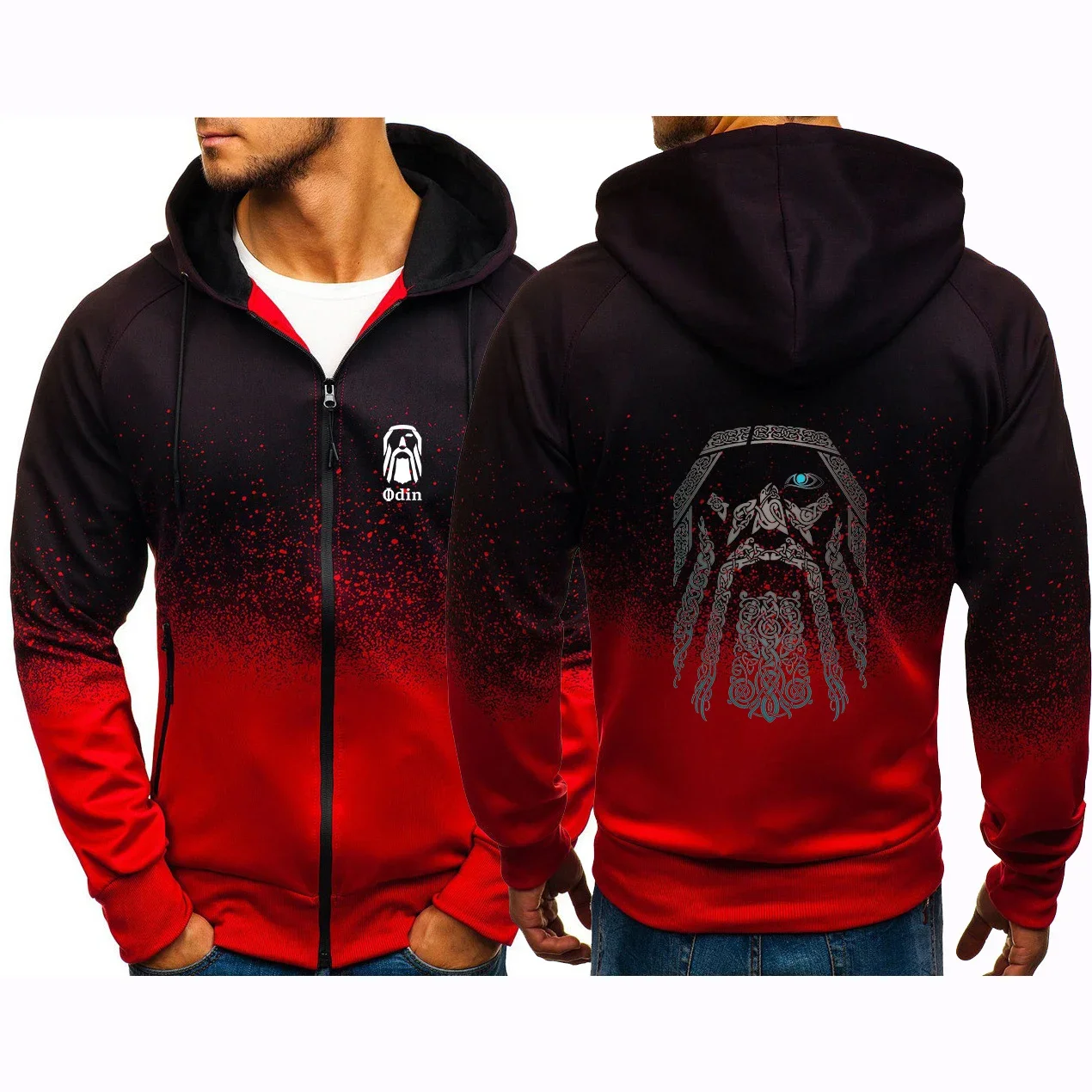 2024 New Vikings Odin Warrior Legend Autumn Gradient Color Hooded Comfortable Tracksuit Men's Zipper Cardigan Sweatshirt Tops