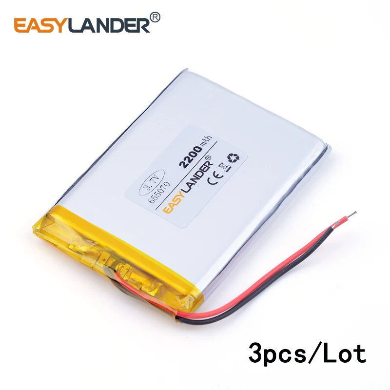 

3pcs /Lot 2200mAh 655070 3.7V Rechargeable Lithium Li-ion Li Polymer Battery for dvr GPS mp3 mp4 cell phone andorid phone toys