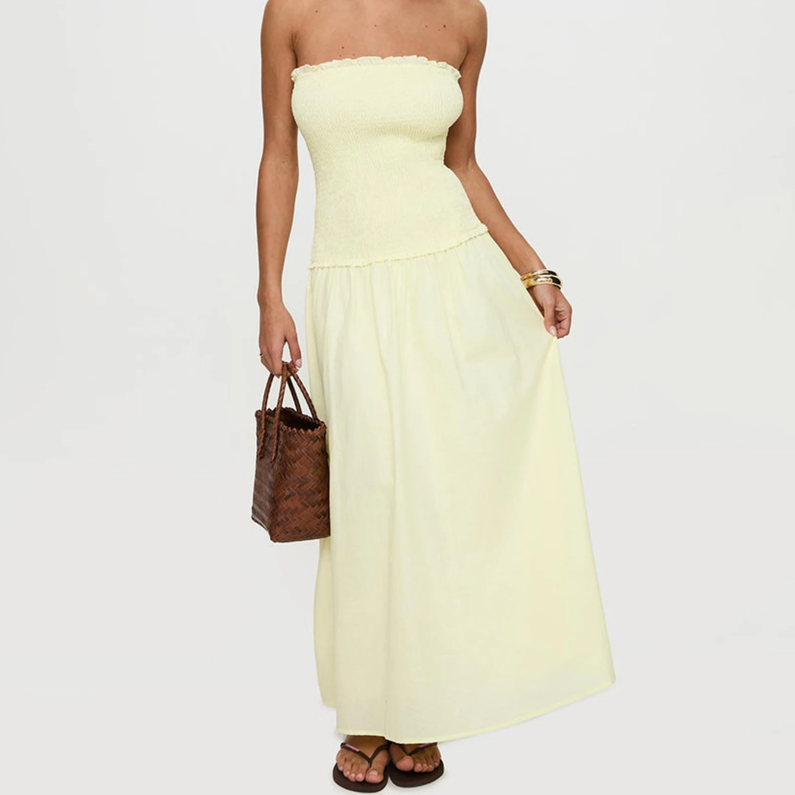 Women's Strapless Dress Stylish Solid Color Patchwork Ruffled Trim Smocked A Line Tube Long Dress for Spring